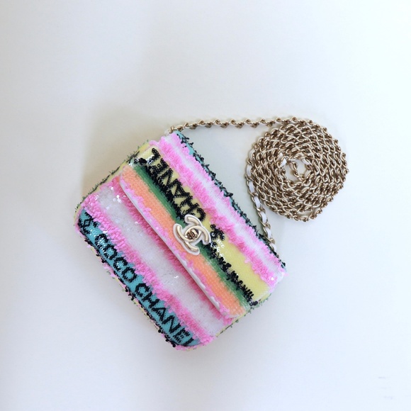 ❌SOLD❌Chanel Mini Multicolor Minaudiere Sequin Stripe Logo Summer Leather Bag - Picture 2 of 11